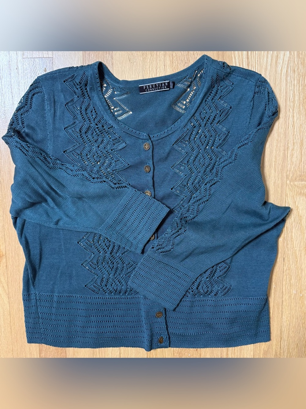 Peruvian Connection Green Chaco Lace Cardigan Sweater Large Lightweight - Picture 8 of 11